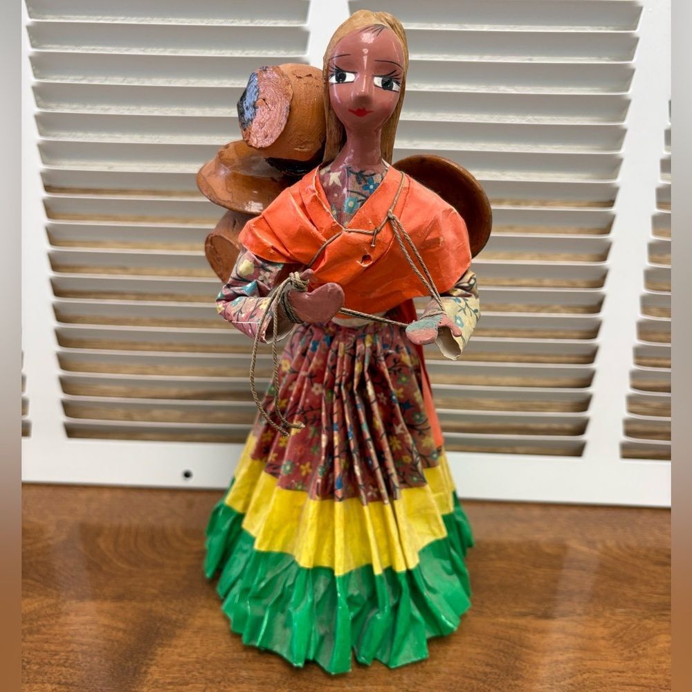 Vintage Colorful Mexican Folk Art Paper Mache Woman Clay Pots